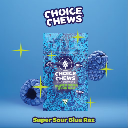 Choice Chews - Super Sour Blue Raz Gummies (Indica) - 200mg
